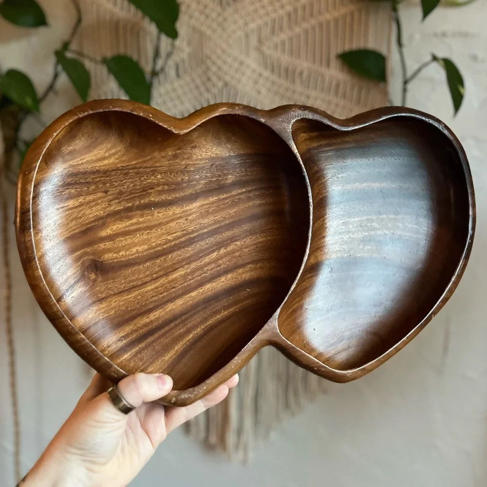 Vintage Monkeypod Double Heart Bowl Hand-Carved Wood Serving Tray MCM Dish Boho